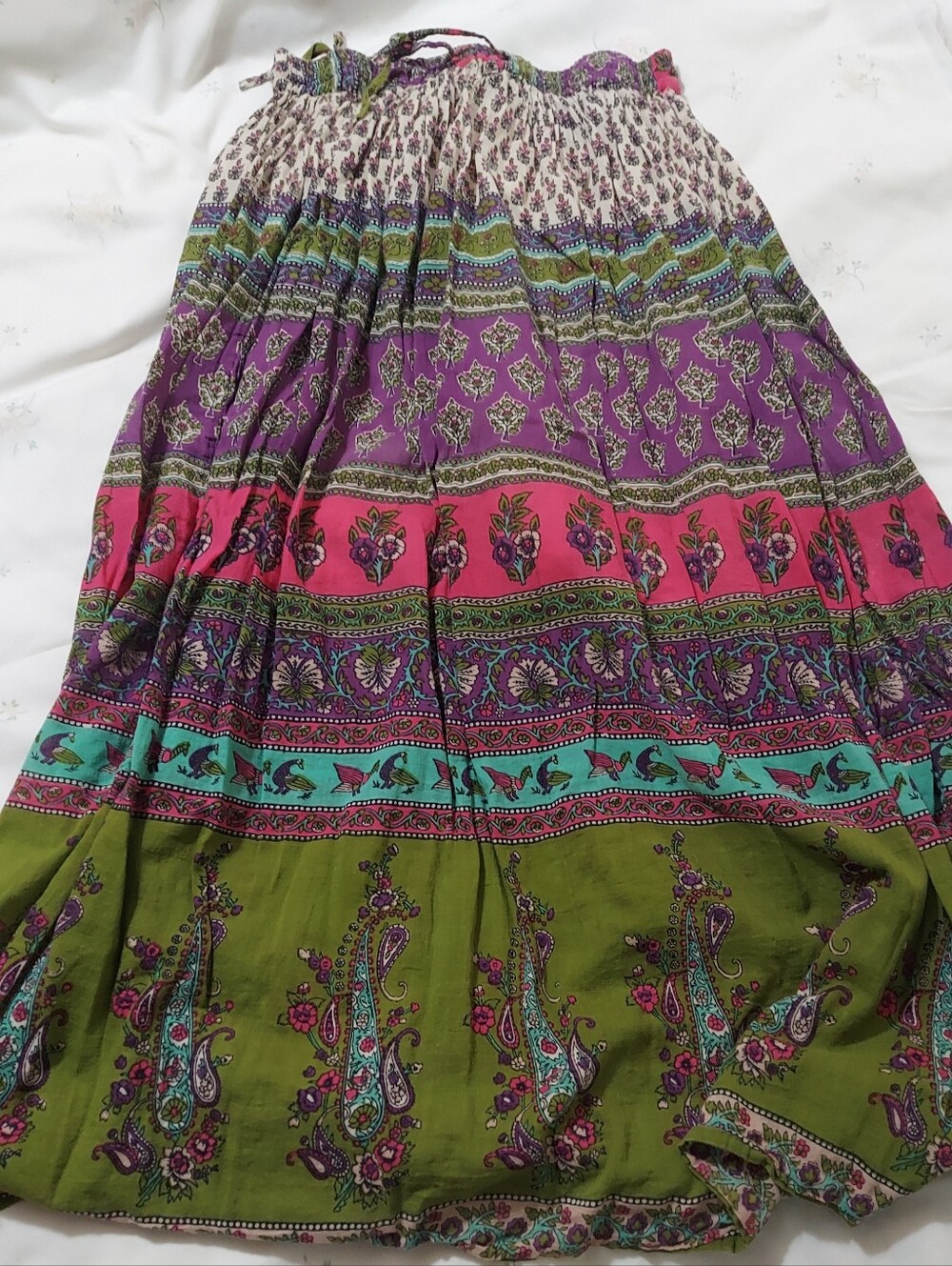 Rouge Boho Print Flowy Long Skirt Sz Medium Stretch Waist Paisley Colorful